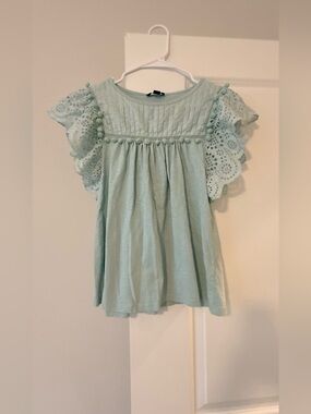 J.Crew Eyelet Flutter-Sleeve Top with Pom-Pom Trim – Mint Green